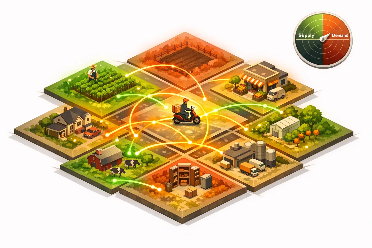 Isometric illustration of the Djowda cell-based grid showing 500x500 meter cells containing different food ecosystem actors — farms, stores, homes — connected by glowing trade routes with a supply and demand radar overlay