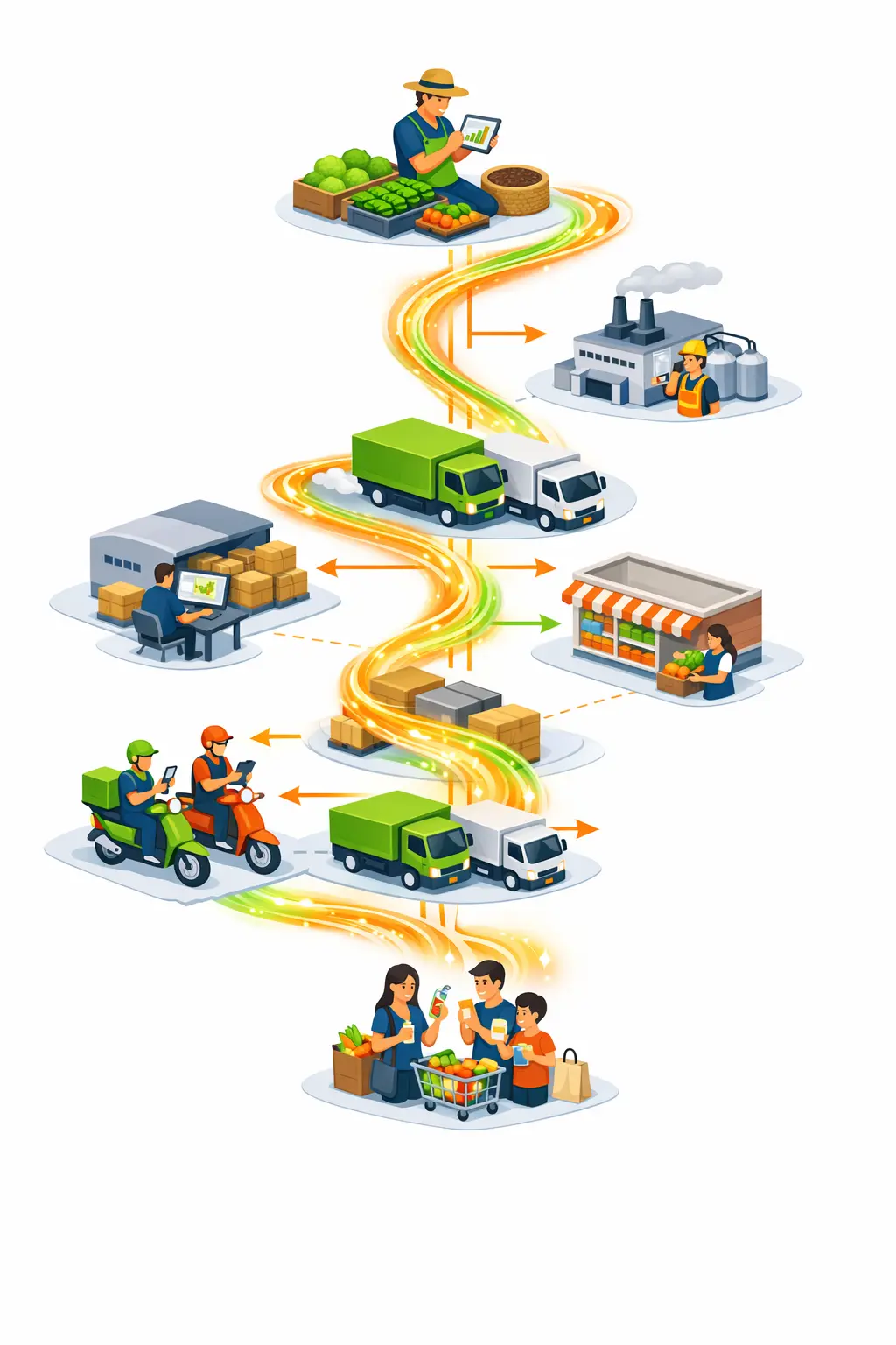 Illustration of real-time data flow through the food ecosystem — farmer publishing harvest data flows through factory, wholesaler, store, and reaches consumers as available products